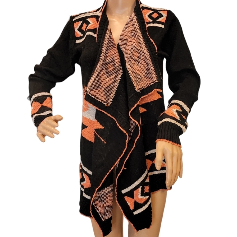 Sisters M/L Black Orange Aztec Print Open Front Sweater Cardiagan
